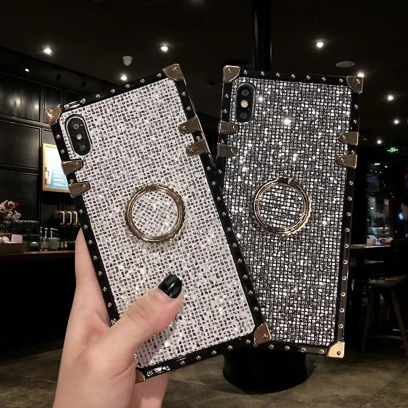 Square TPU mobile phone case with flash diamond bracket in gold, grey, red, and silver colour options