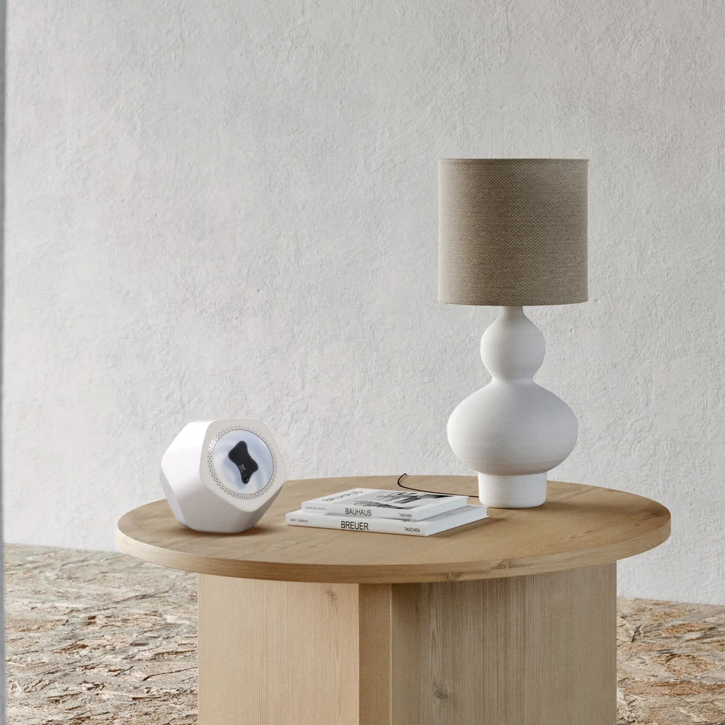 Floating magnetic fluid Bluetooth speaker in silver gray on a desktop, with magnetic fluid swirling inside the chamber