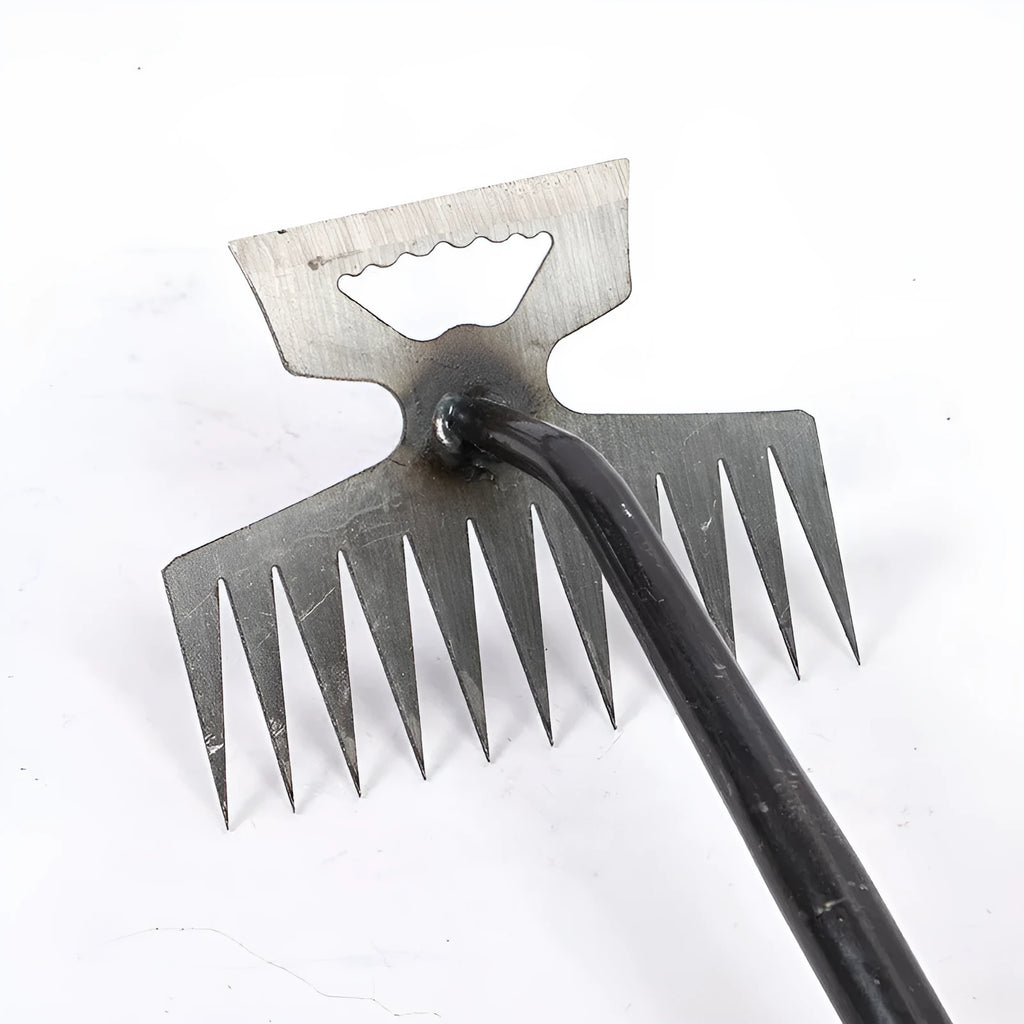 Carbon steel garden rake with green steel handle, available with 5 or 6 teeth and 3cm or 3.5cm pitch