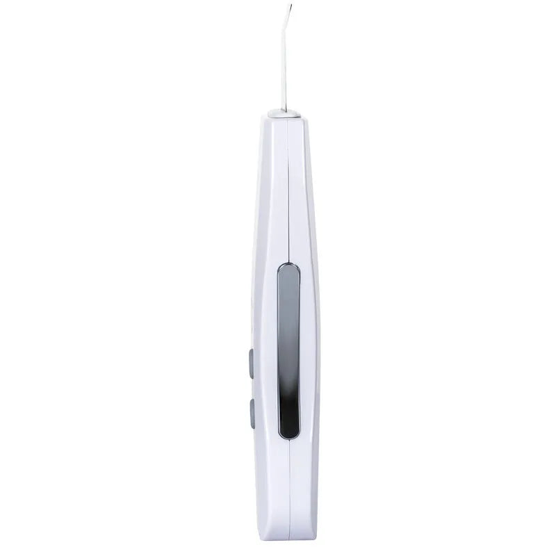 White ultrasonic facial cleanser with stainless steel head, 175x45x20mm, ABS body, EU/US plug