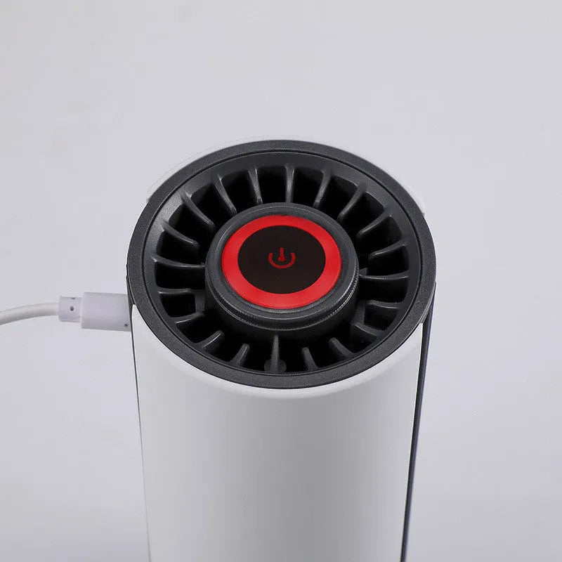 White ABS car air purifier with negative ion and USB power, placed in a cup holder