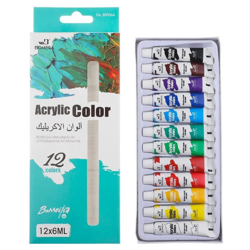 Full set of 12-colour artist paint tubes for acrylic, gouache, watercolour, and oil painting.