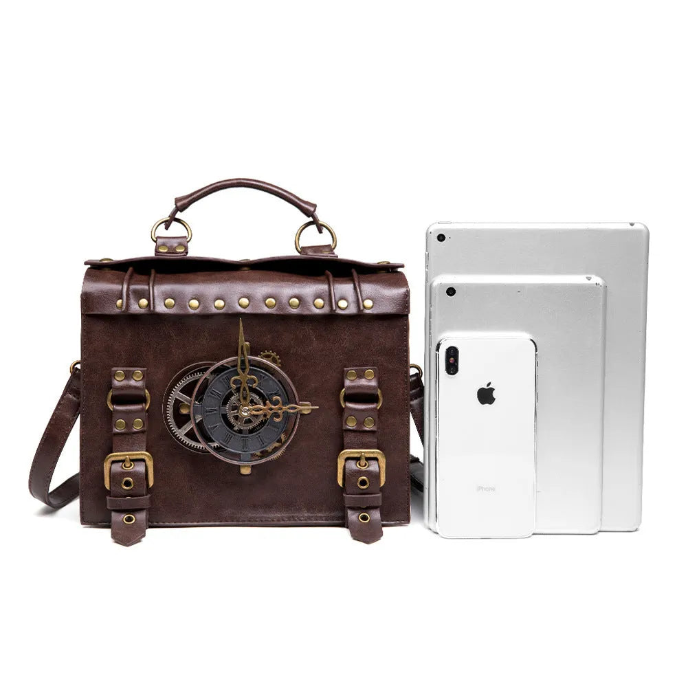 Bronze steampunk style PU leather shoulder bag with metal hardware on a horizontal square pillow bag shape.