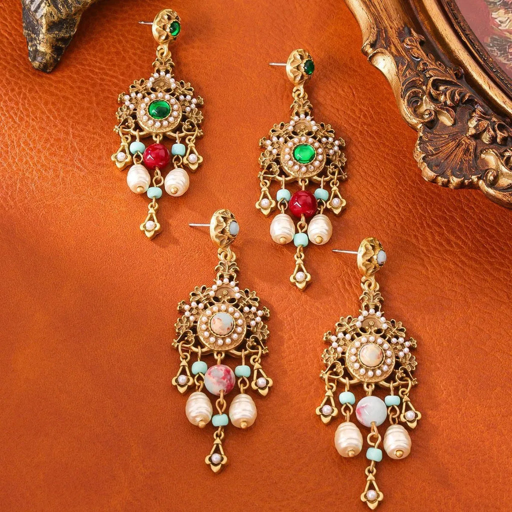 Alloy flower ear studs Chinese style 7.9cm drop for women red and green flower option