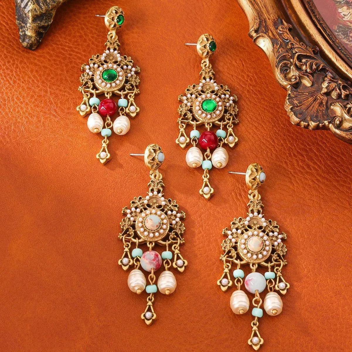 Alloy flower ear studs Chinese style 7.9cm drop for women red and green flower option