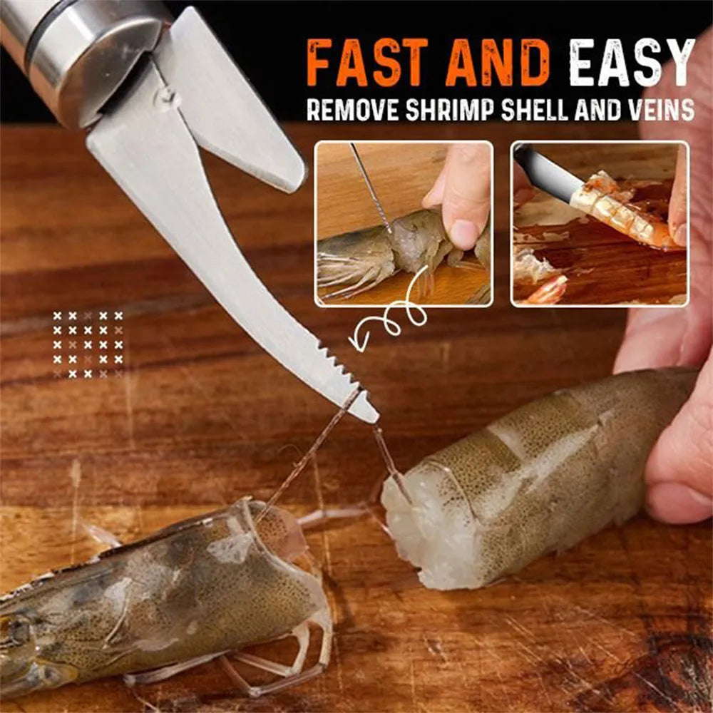 Multifunctional 304 stainless steel shrimp remover with eagle-beak tip and double row blades