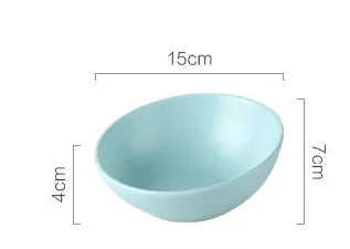 Ceramic pet bowl in blue with non-slip shelf, size M 600ml, on a wooden floor