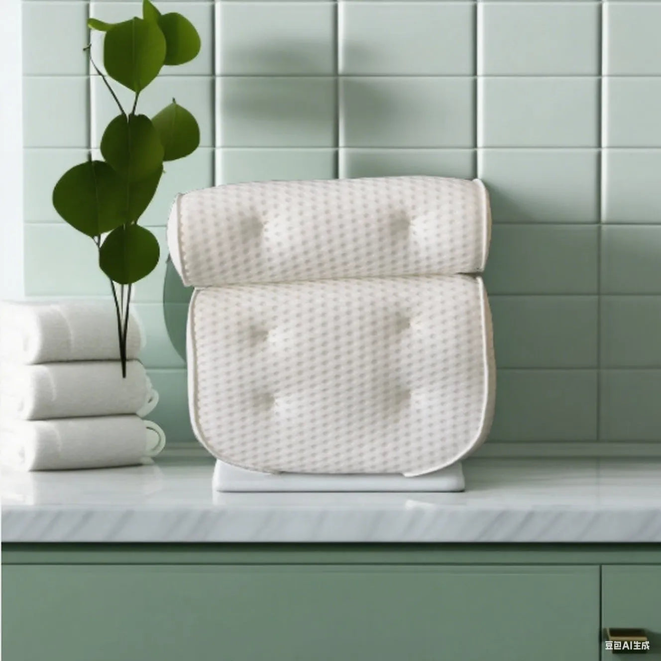 White 4D mesh bathtub pillow with suction cups on a bathtub