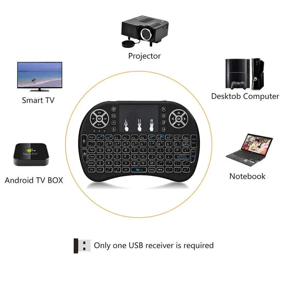 Black 2.4G wireless mini keyboard with touchpad, up to 92 QWERTY keys, dual mouse buttons, 14.6 x 97.5 x 19mm