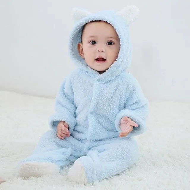 Unisex baby winter romper in cotton blend, O-neck pullover, available in eight colours and sizes 0 3M to 9 12M.