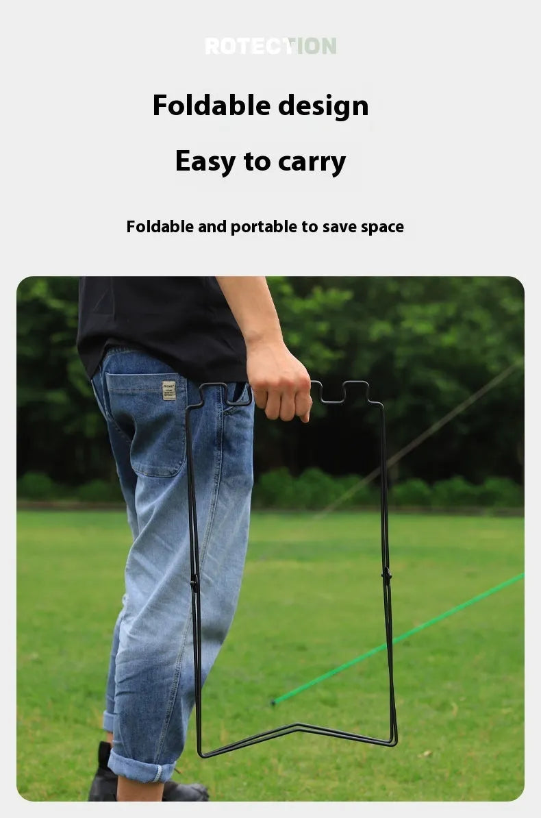 Silver stainless steel folding garbage bag bracket holding black bin bag for outdoor use