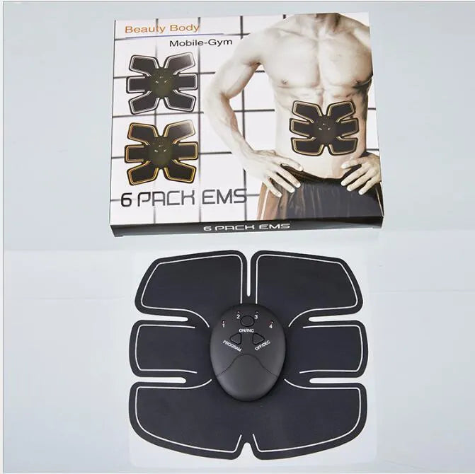 EMS muscle stimulator device with adhesive pads for abdominal toning and slimming