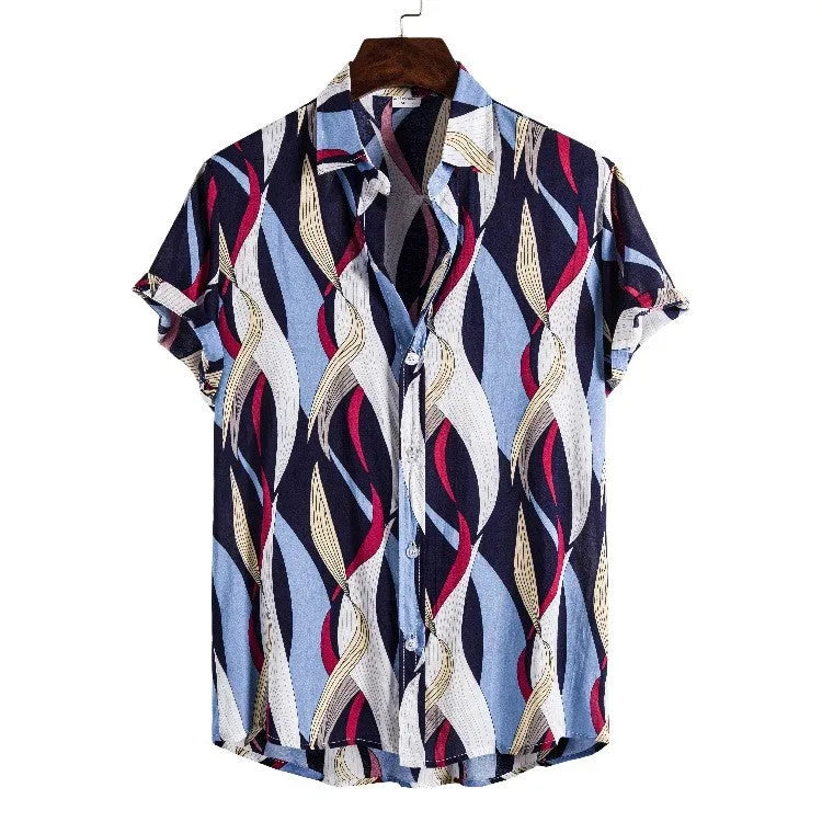 Cotton men's summer cardigan with printed pattern, short sleeves, and lapel collar in multiple colours