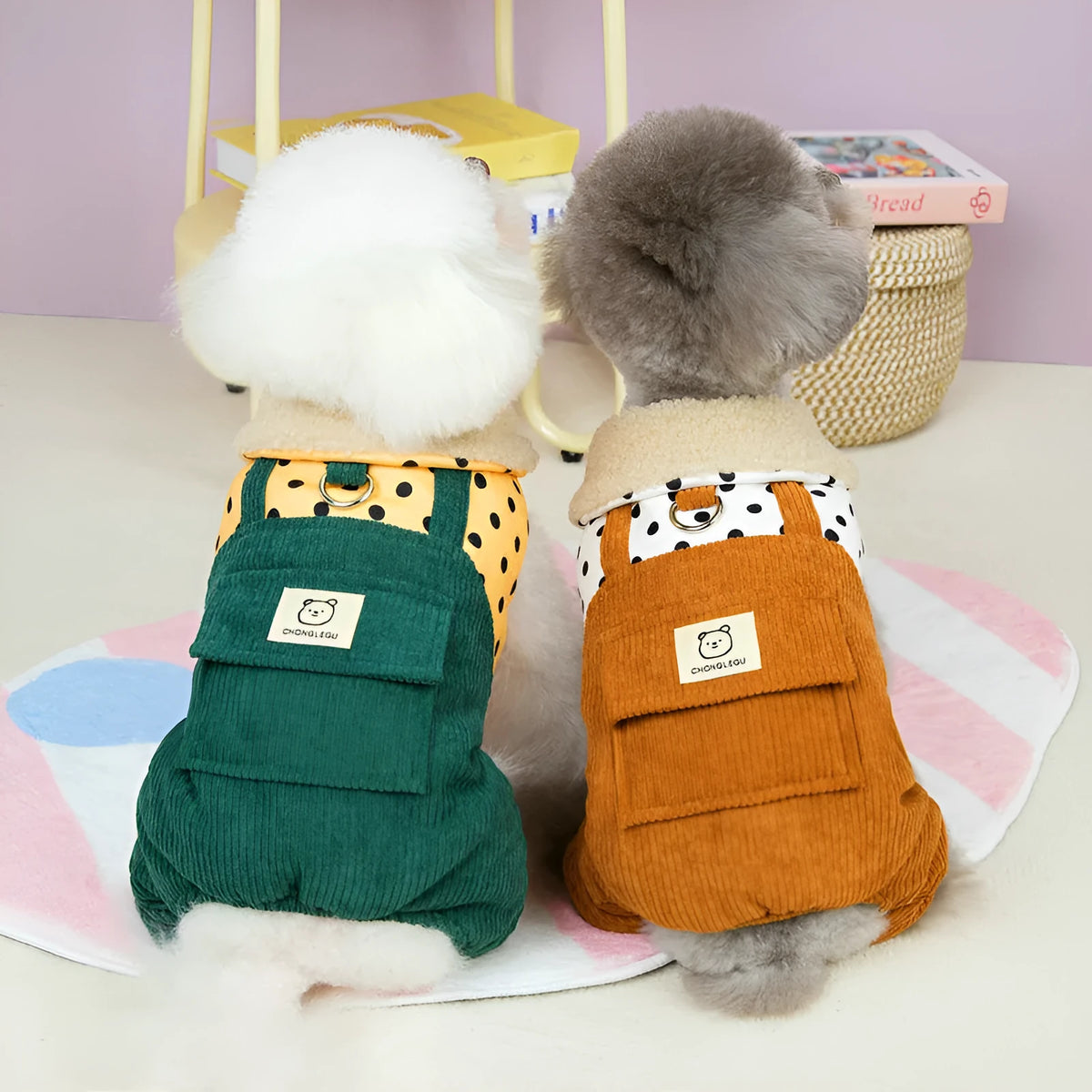 Brown four-legged polyester cotton-padded pet coat for dogs, autumn winter outdoor wear, side view