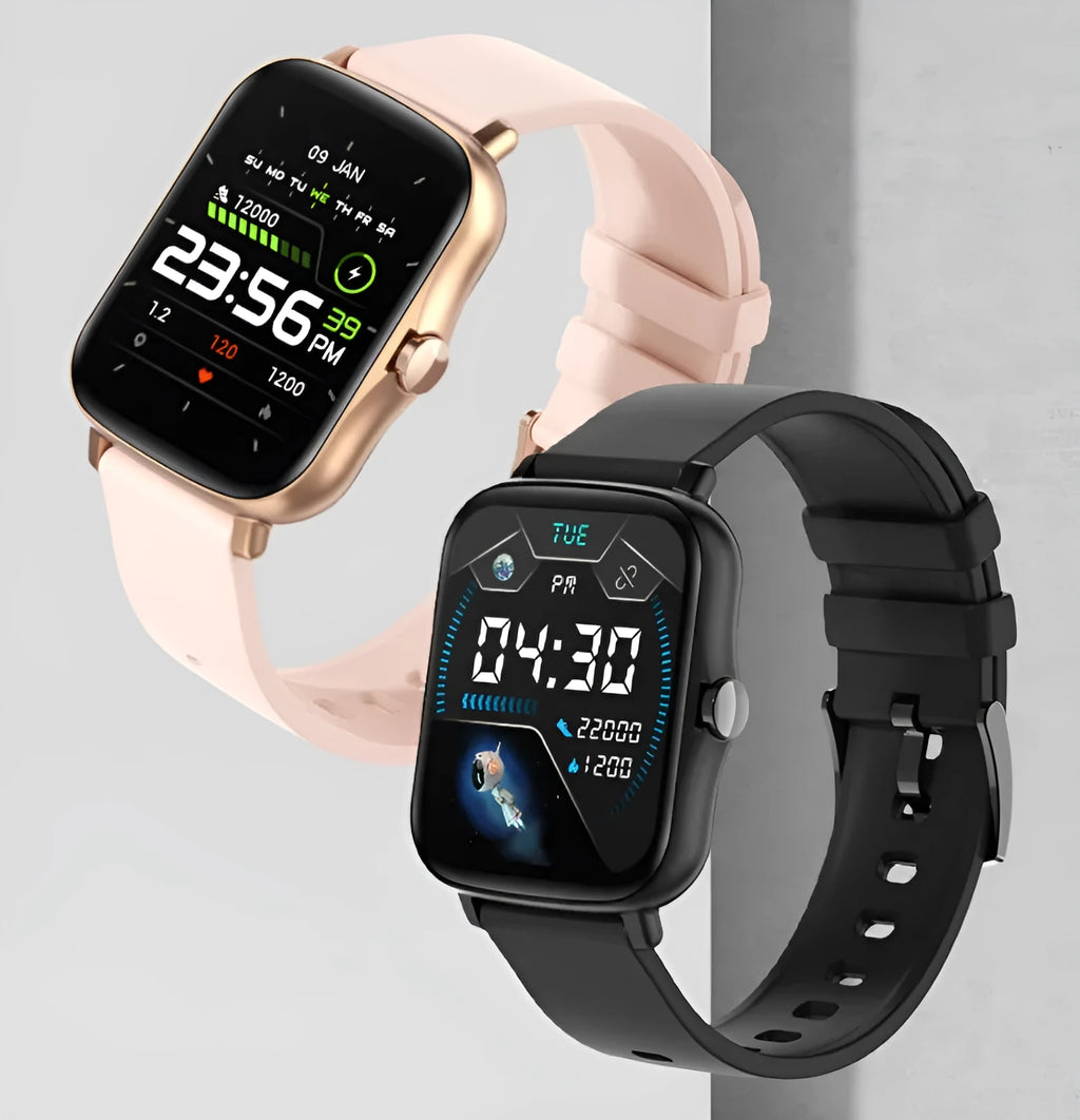 Smart watch with 1.7-inch colour touch screen showing fitness metrics and Bluetooth call interface