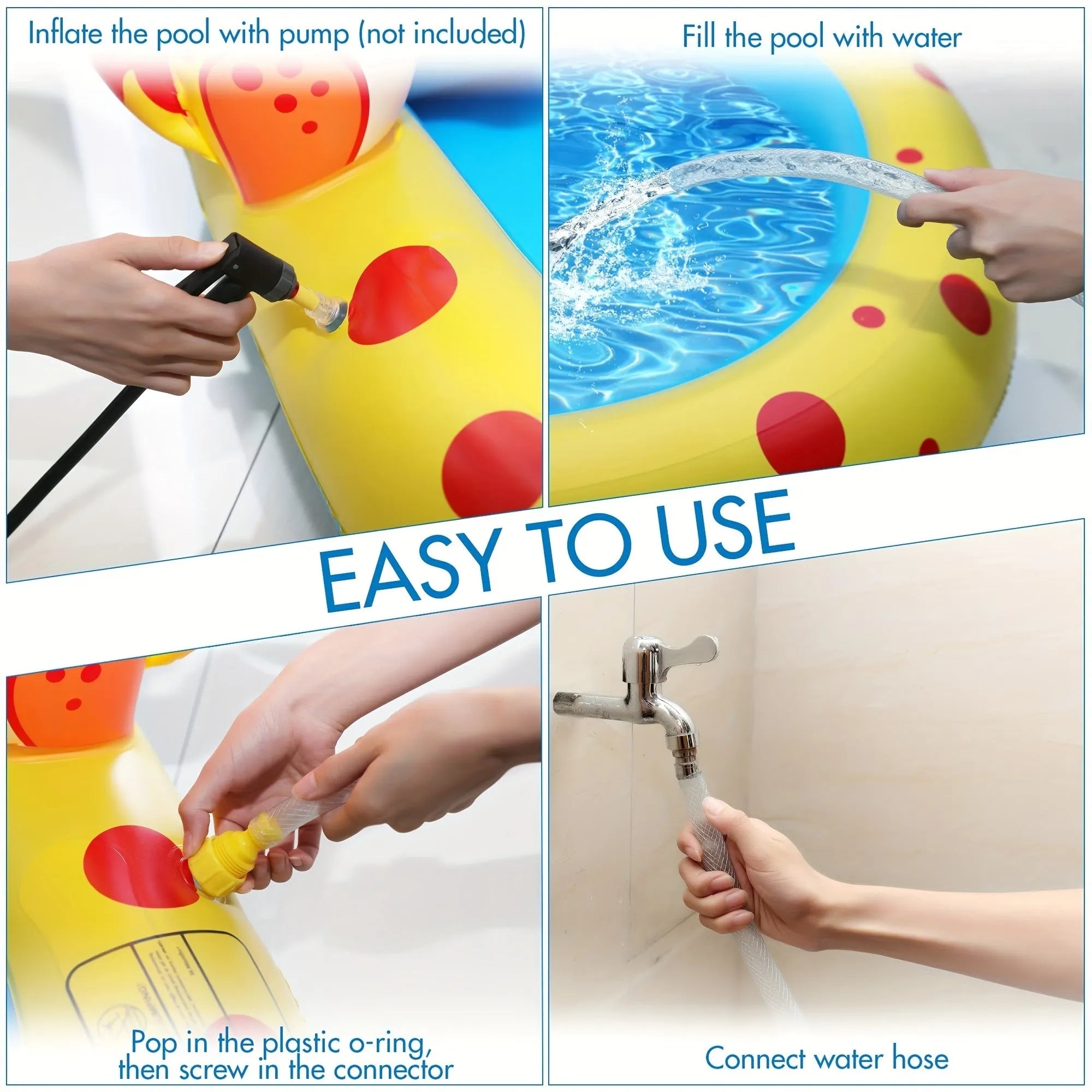 Blue dinosaur-shaped inflatable water spray pool with four spray holes in a garden setting