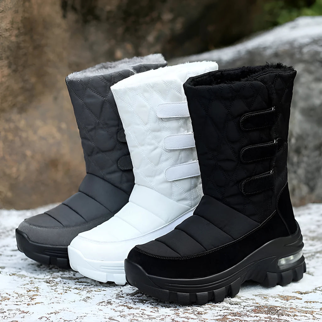 Women's outdoor plus velvet high top snow boots in black with PU air cushion sole and 5cm heel
