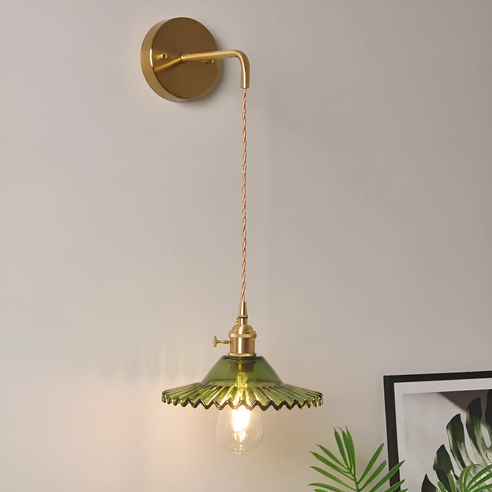 Retro brass lotus wall lamp with copper base and glass shade in one of six colours.