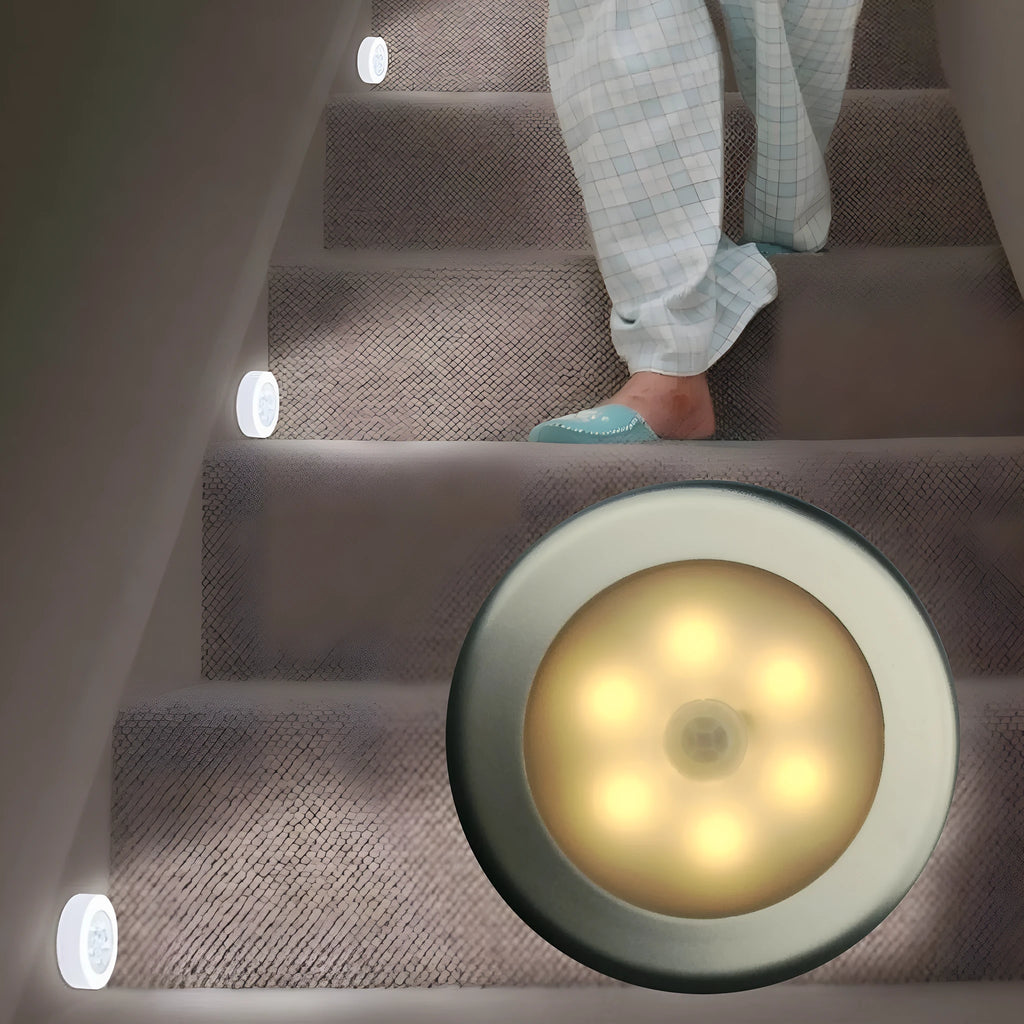 6LED motion sensor nightlight with strong magnet, white body, mounted on a ceiling corner, with motion detection arrows shown