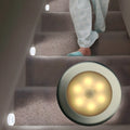 6LED motion sensor nightlight with strong magnet, white body, mounted on a ceiling corner, with motion detection arrows shown