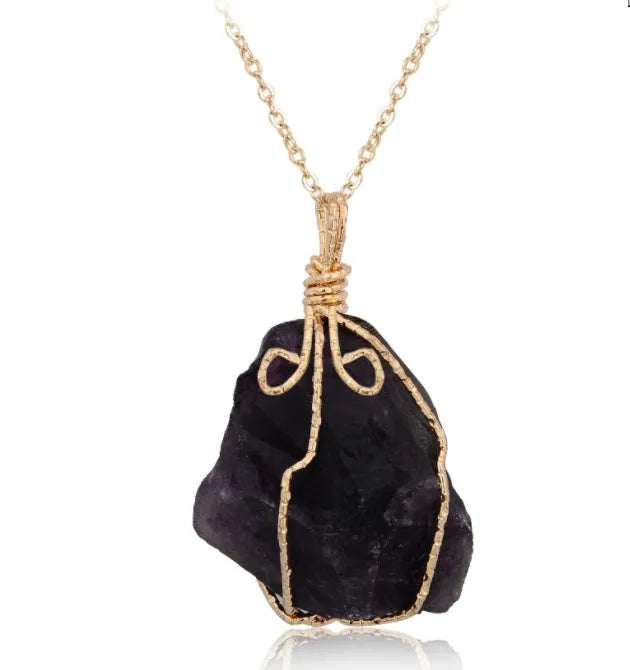 Natural stone pendant irregular rough crystal necklace amethyst with gold setting