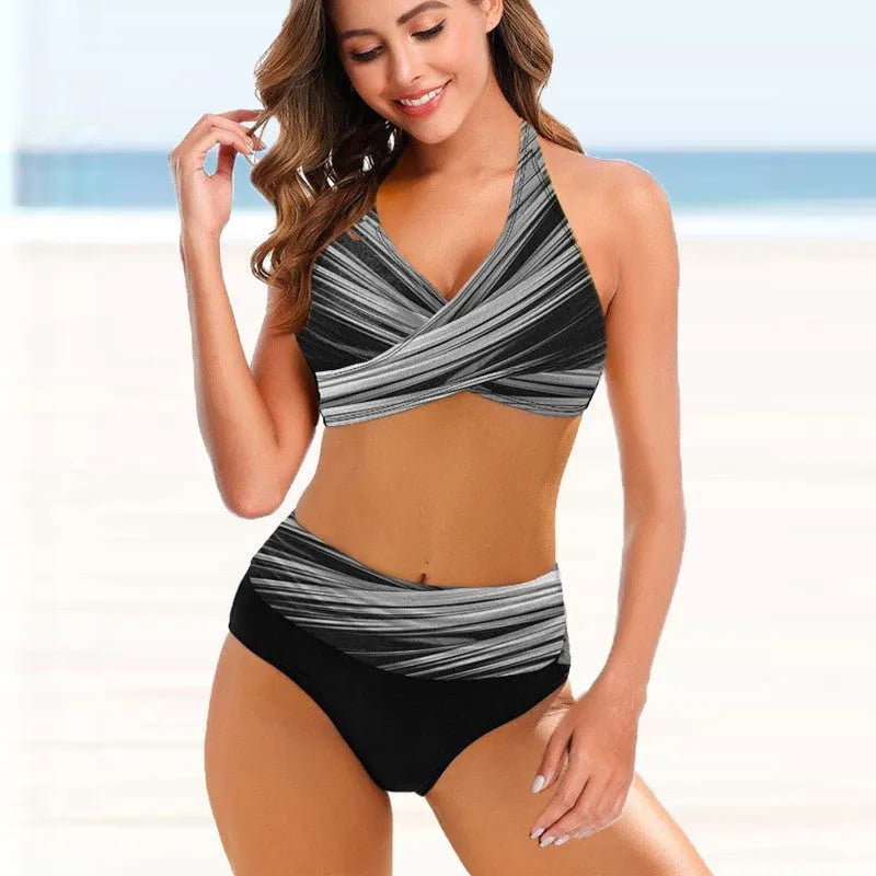 Ladies high-waist striped tie-dye bikini set with backless top on a mannequin.