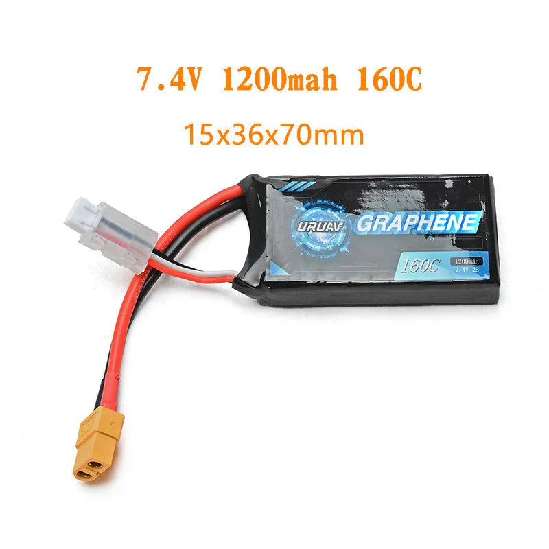 A compact rectangular 7.4V 1200mAh lithium battery for RC model cars and boats.