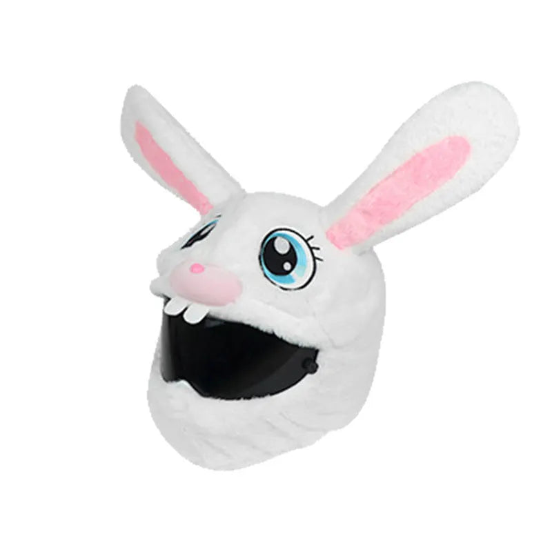 White rabbit plush helmet cover for electric motorcycle with long ears.