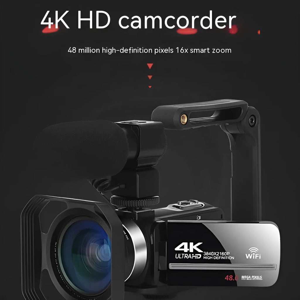 Black WIFI digital HD night vision camera with 3-inch screen showing menu, beside its included lens cover and remote control.