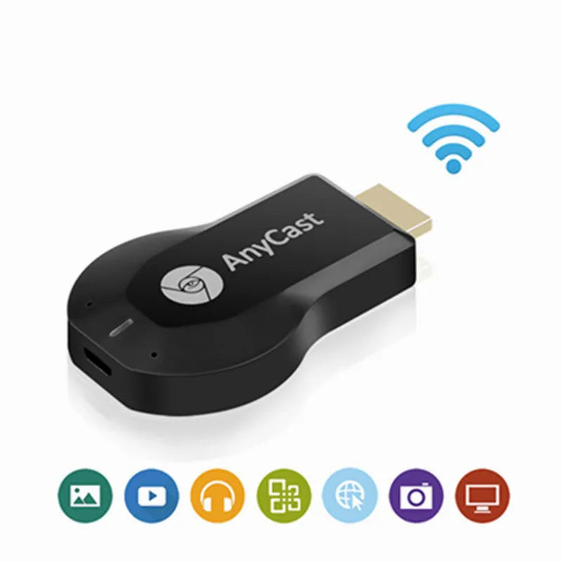 Wireless HDMI dongle for 1080P screen mirroring, black plastic casing with HDMI connector and USB power cable