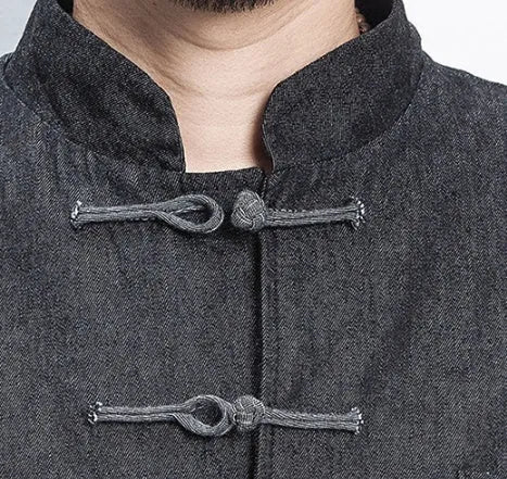 Retro Chinese style hanfu denim jacket top with stand collar and buckle decoration in black, loose fit, long sleeves