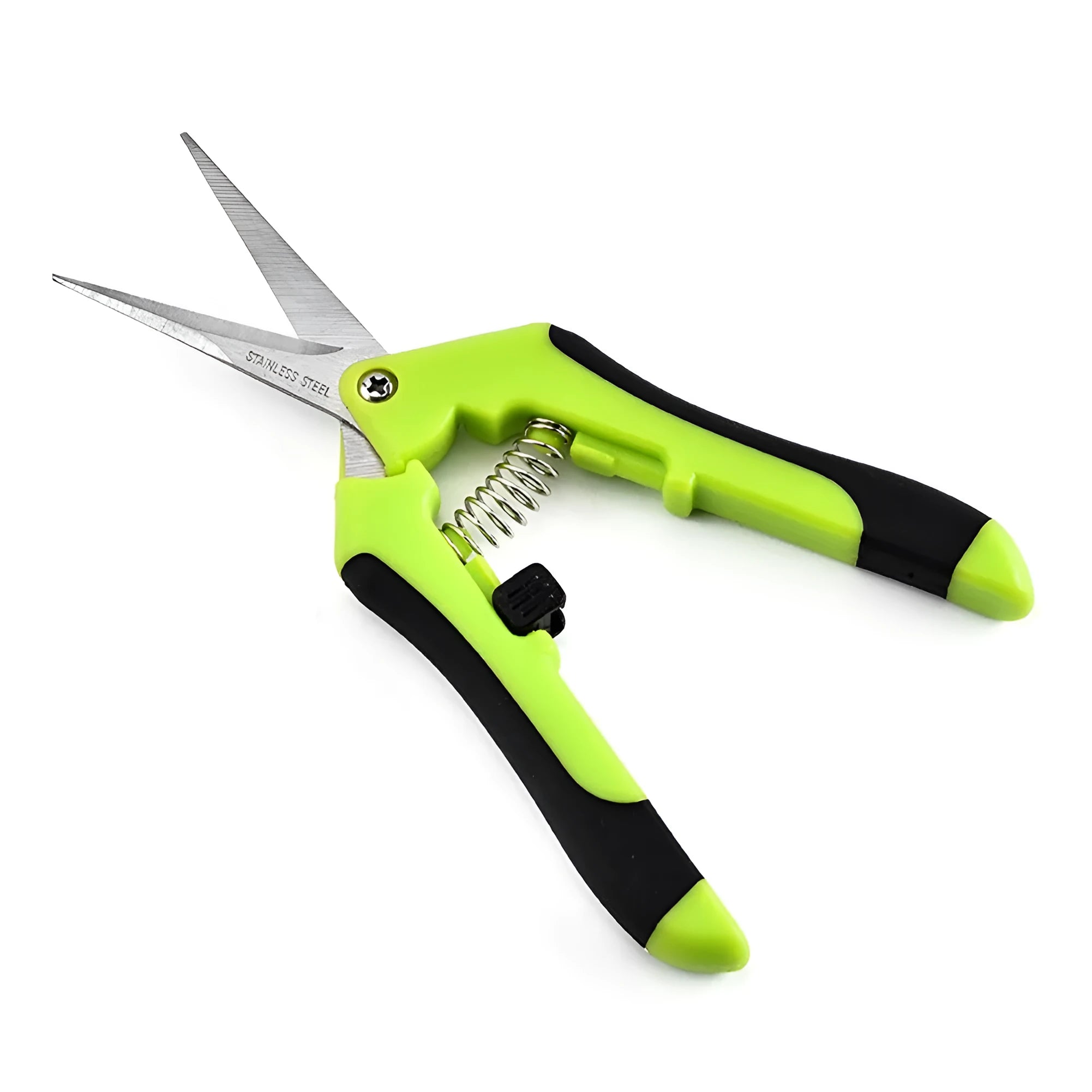 Green garden pruning scissors with stainless steel blade, 16.5 cm long, on a white background