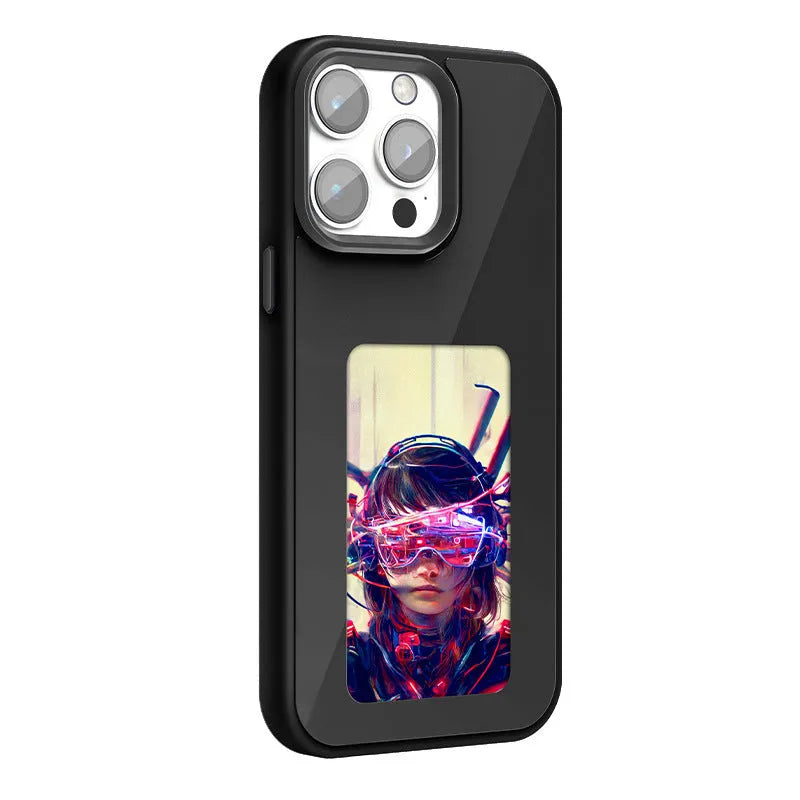 Cross-border NFC four-colour E-ink screen AI projection phone case for iPhone 13-16 series in black with artistic floral design