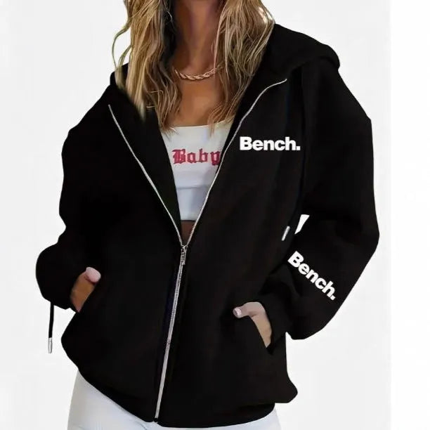 Loose fit grey polyester sweater coat with front zipper, hood, and letter print detail