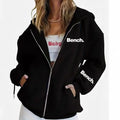 Loose fit grey polyester sweater coat with front zipper, hood, and letter print detail
