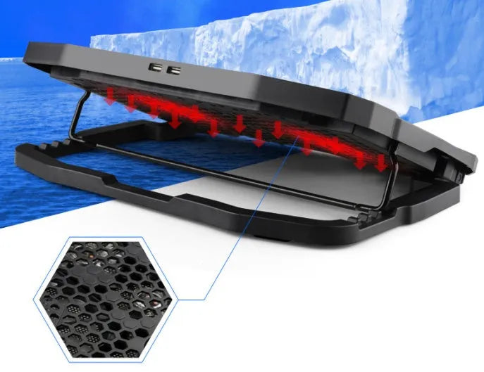 Black universal laptop cooling pad with copper heat pipes and dual USB ports