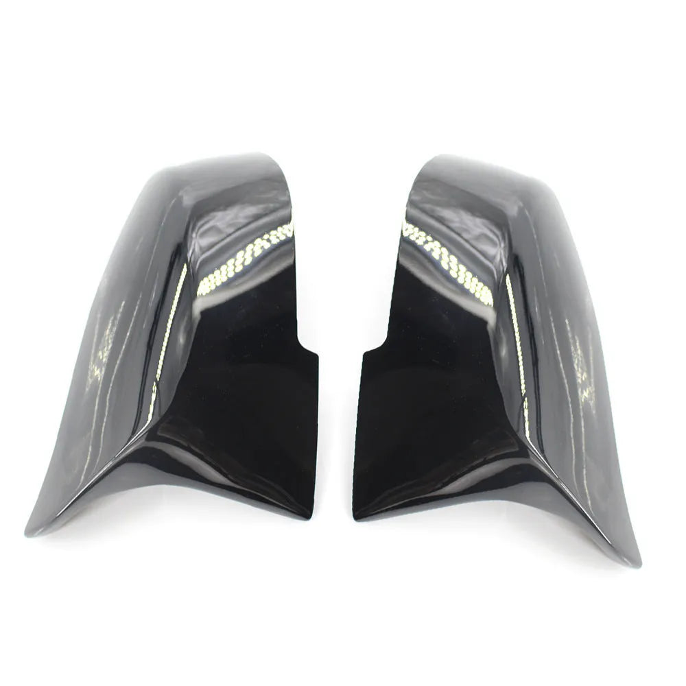 Pair of paint bright black horn-style BMW rearview mirror shells for F30 3 Series.