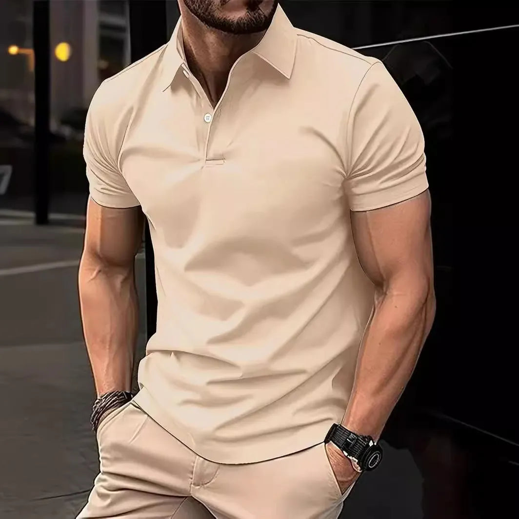 Men's solid colour slim fit short sleeve shirt on a hanger, showing the collar and button placket.