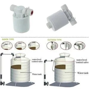 White nylon automatic float valve with brass thread connections for water level control.
