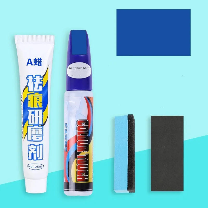 Automotive paint repair pen kit with scratch wax, paint pen, sandpaper and sponge for car bodywork
