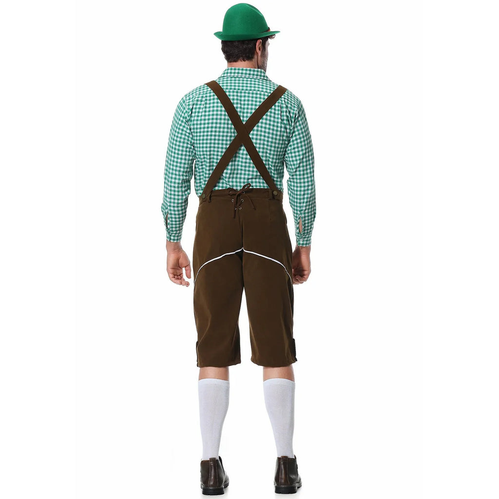 Men's plaid suspenders suit set in black with hat, top, camisole, and pants, polyester fabric, embroidery details