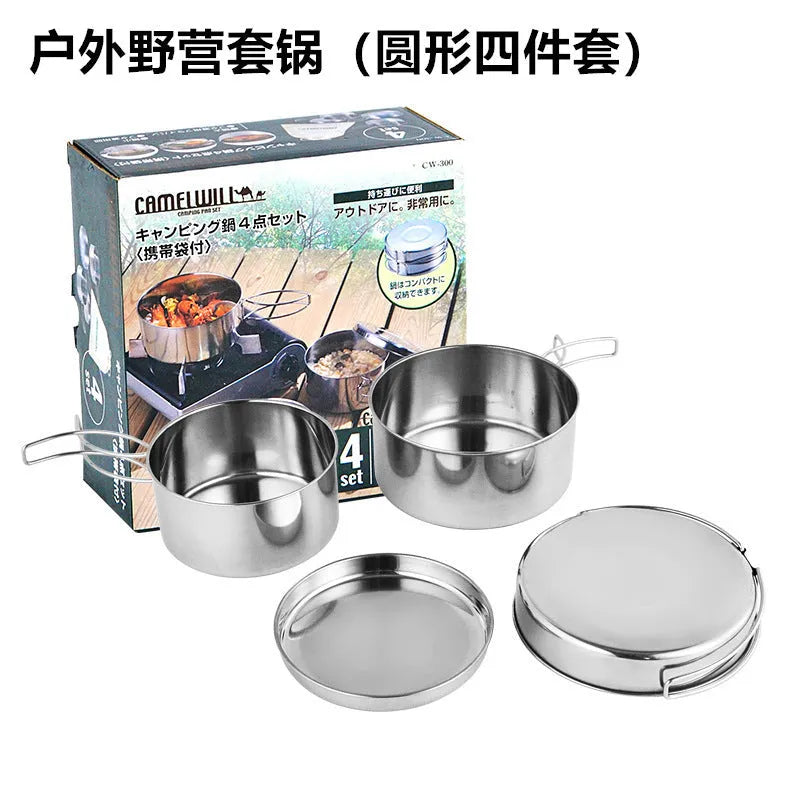 Silver stainless steel outdoor camping cookware pot set with round 4-piece configuration
