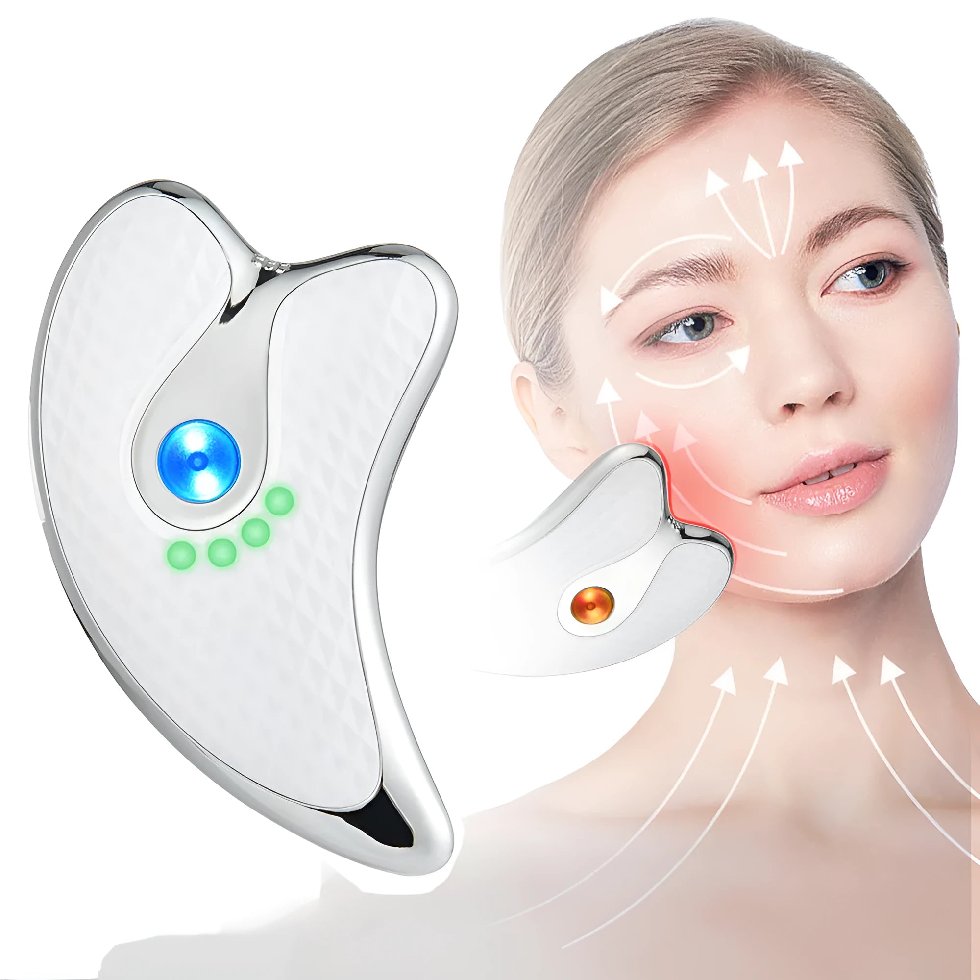 White rechargeable vibrating facial massager scraping board with ergonomic 360° surround design
