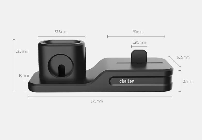 Black geometric 3-in-1 charging station for Apple devices showing iPhone, iwatch and AirPods charging slots