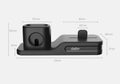 Black geometric 3-in-1 charging station for Apple devices showing iPhone, iwatch and AirPods charging slots