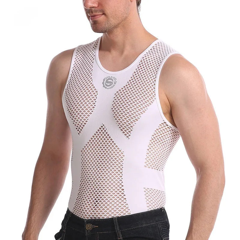 Men's solid white spandex mesh top with sweat-wicking function, shown in sizes L to XXXL