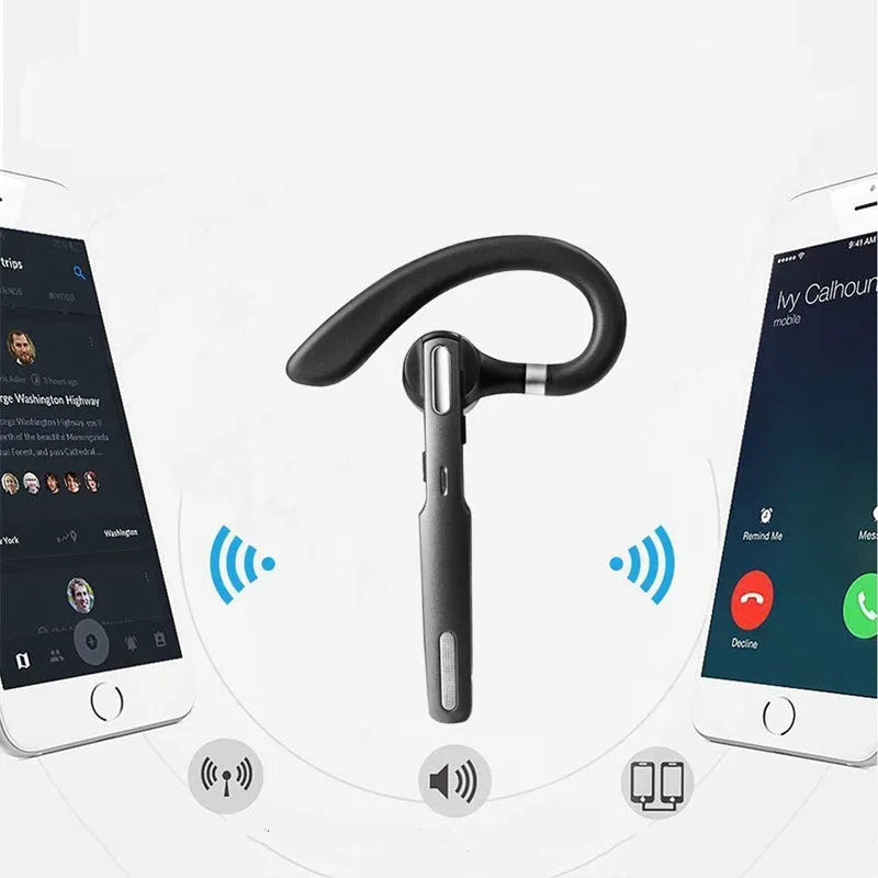 Black mono Bluetooth headset with a hanging ear hook design, shown on a grey background.
