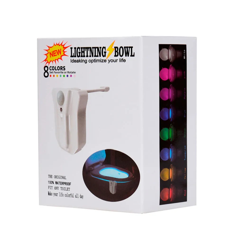 8-colour LED toilet light with motion sensor and flexible stick for night-time bathroom use