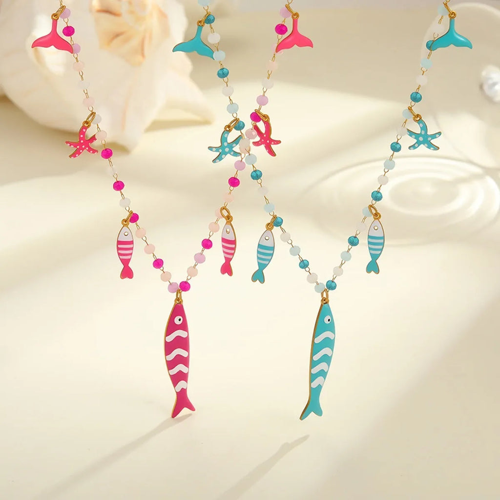Women's stainless steel coloured beaded necklace with fish pendant in pink, 18K electroplated, adjustable 41-50cm