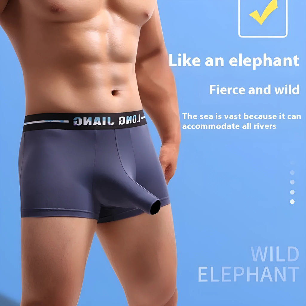 Men's solid colour Ice Silk boxer shorts laid flat, showing mid-waist design and thin fabric.
